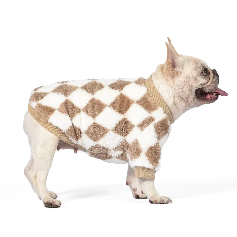 Checkerboard Sweatshirt for Dogs, Dog Checkerboard Crewneck Sweater - Khaki