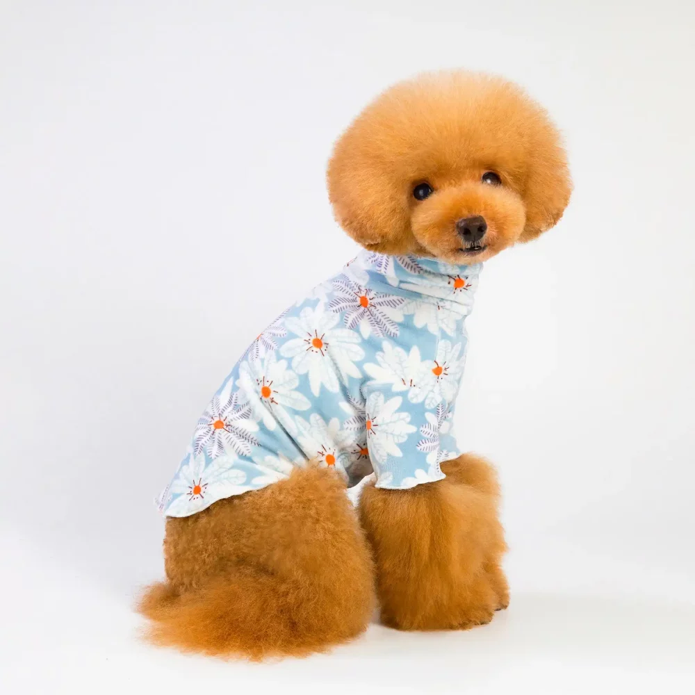 Turtleneck T-shirt for Dog, Double Mink Flower Shirts - Blue