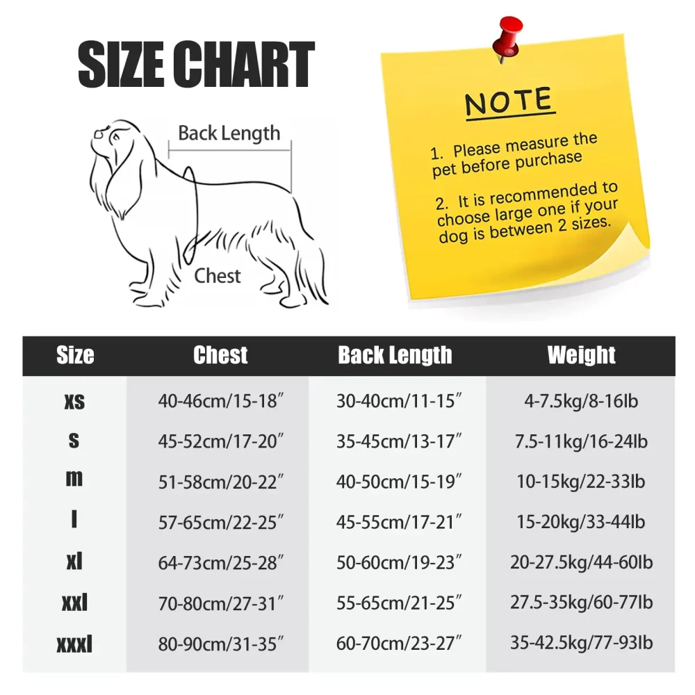 Dog Winter Polar Fleece High Collar Jacket - Size Chart for Dog Parents