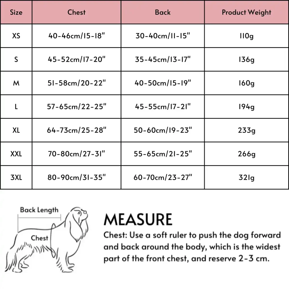Dog Winter Polar Fleece High Collar Jacket - Wholesale Size Chart