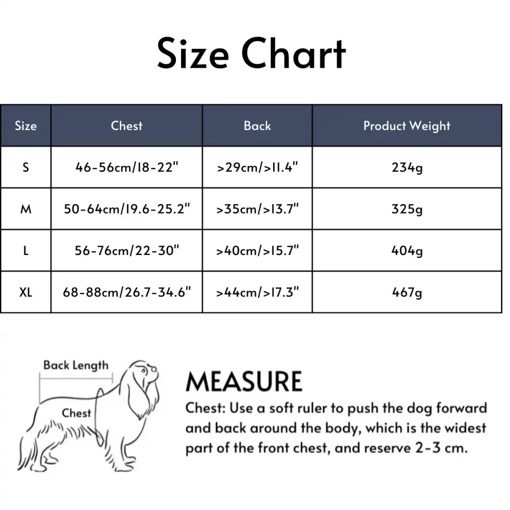 Shark Style Dog Life Jacket - Wholesale Size Chart