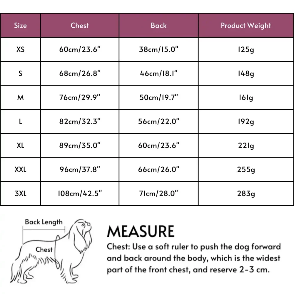 Zipper Protective Onesies for Dogs - Wholesale Size Chart
