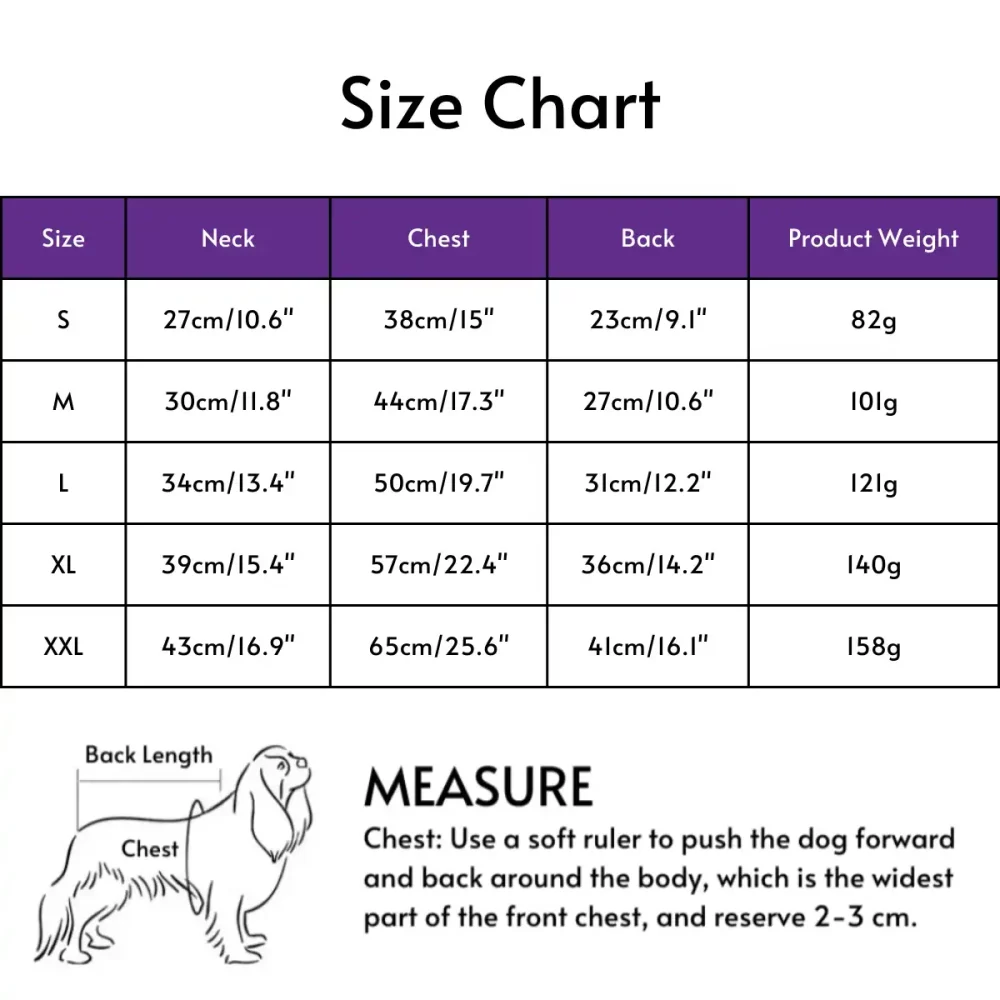 Halloween Purple Monster Hoodie Jacket for Dogs - Size Chart